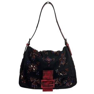 Fendi Black Nylon Embroidered Beaded Aztec Red Lizard Trim Mamma Baguette Bag